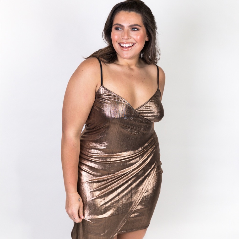 Plus Size Wrap Front Gold Metallic Dress